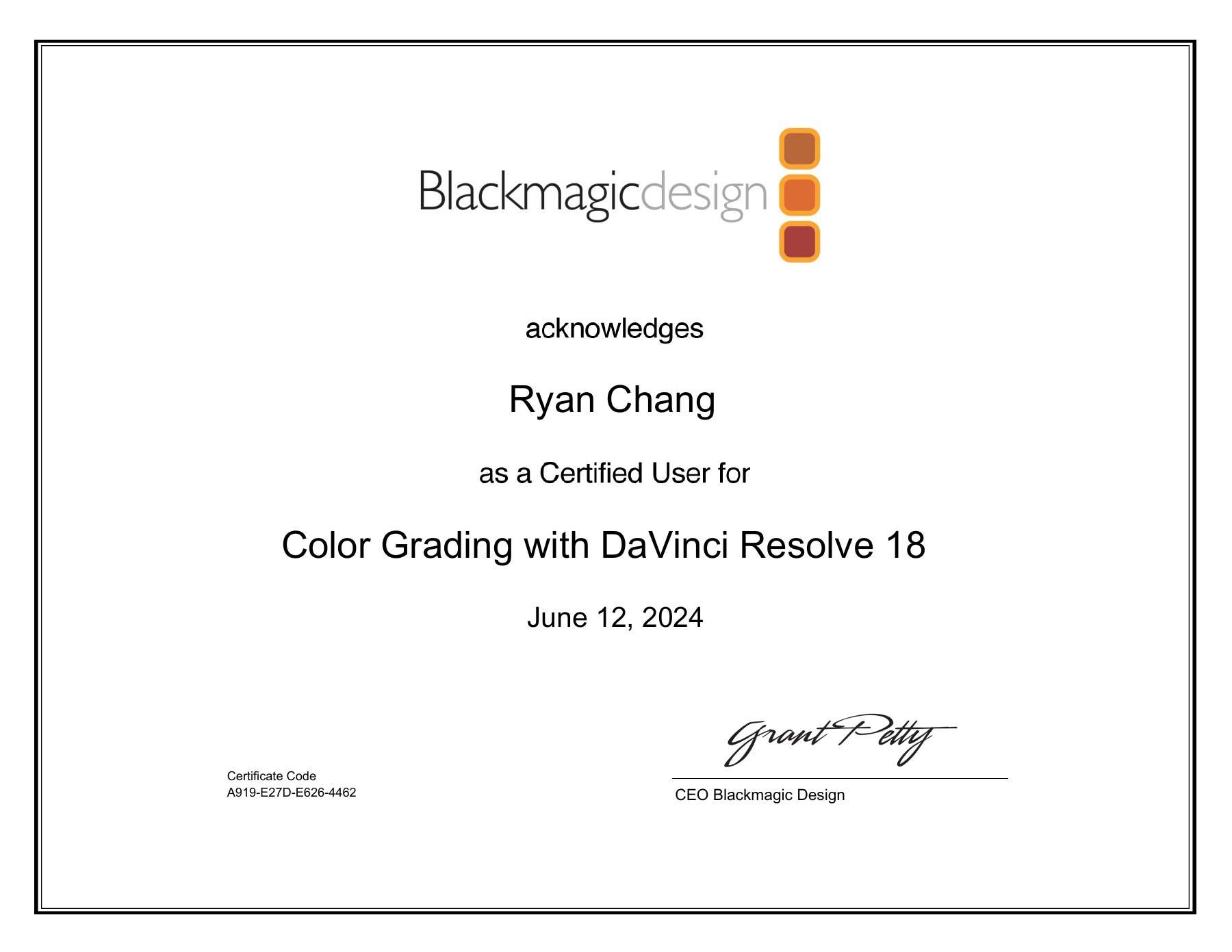 Ryan Chang’s Blackmagic Design Color Grading certification.