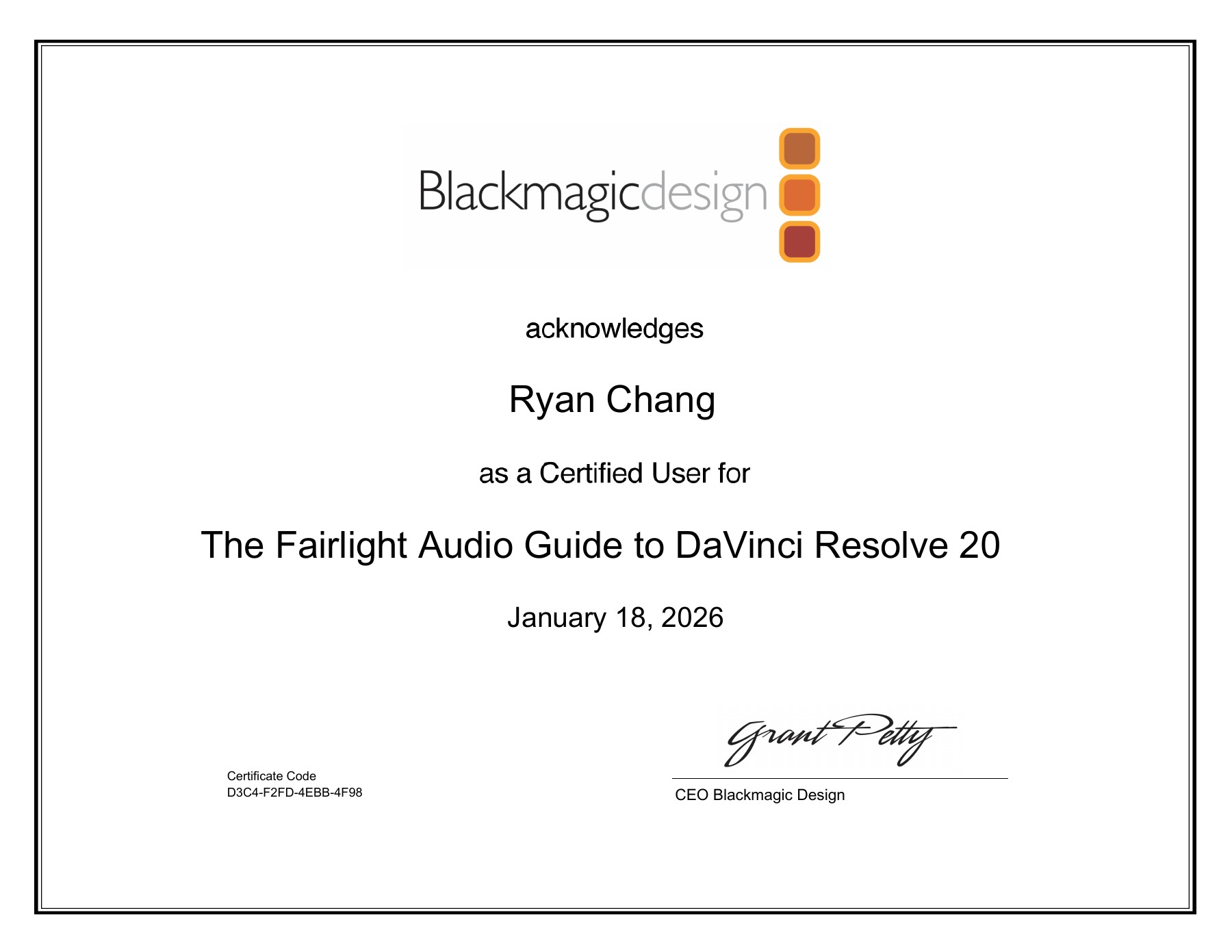 Ryan Chang’s Blackmagic Design Fairlight Audio certification.
