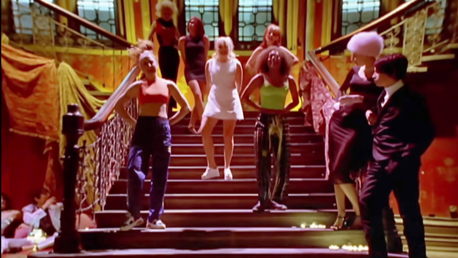 The Spice Girls in their staircase formation from the Wannabe video.